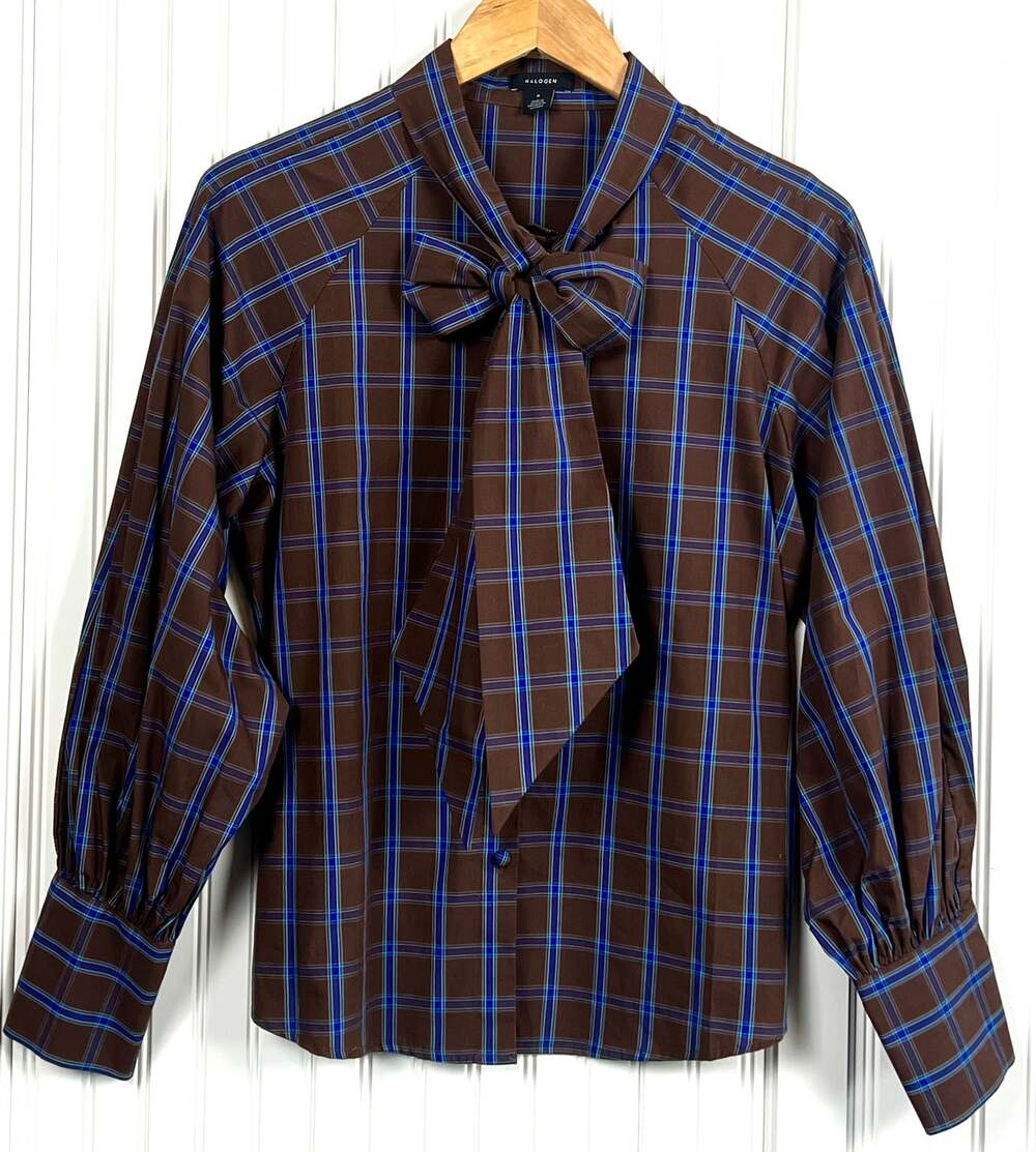 Plaid Tie Neck Blouse Brown Blue Cotton Dark Academia Preppy Teacher Small